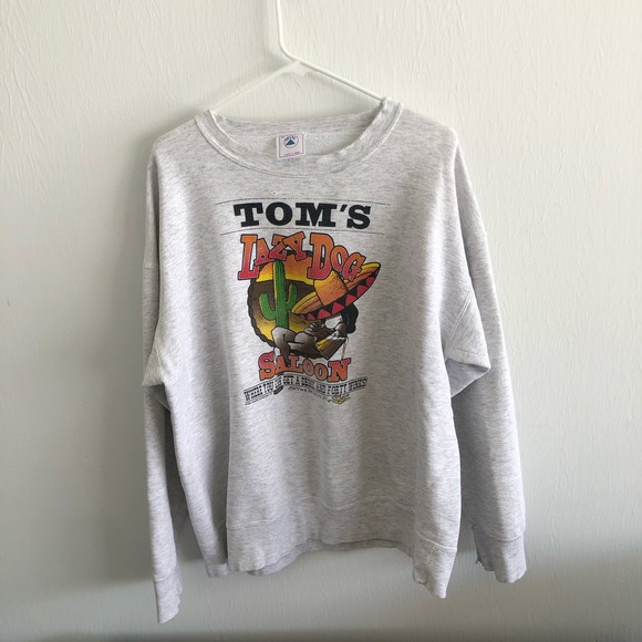 Vintage Lazy Dog Saloon Big‎ Graphic Crewneck Sweater XL THRASHED - Picture 1 of 12